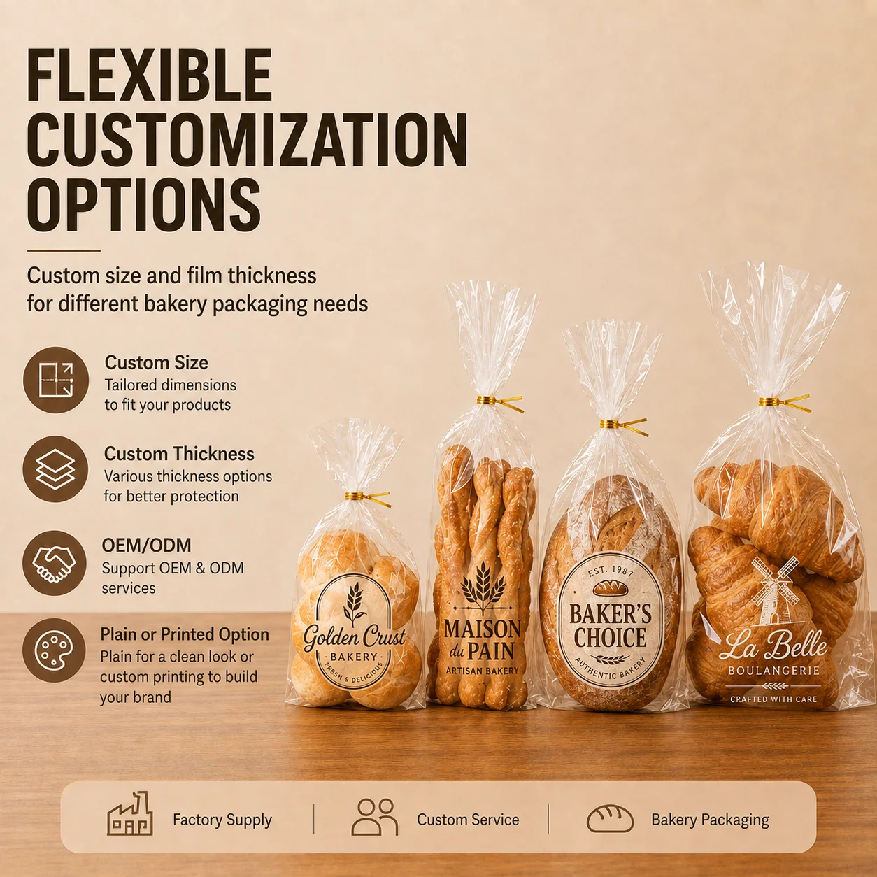 Wholesale Transparent Cello Treat Flat Bags with Twist Ties Custom Printed BOPP Clear Bread Packaging Bag