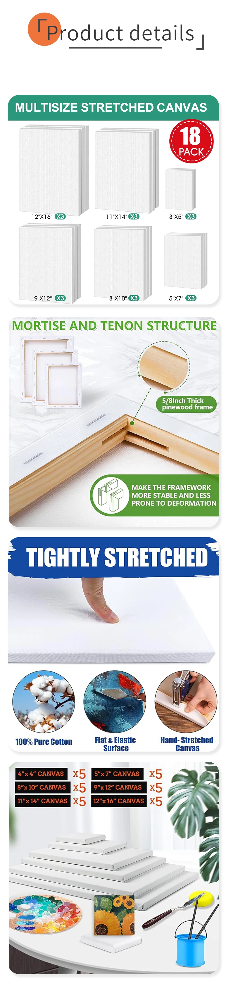 Acid Free Acrylic Priming Stretched Canvas with Medium Texture and Sturdy Kiln-dried Sweden Spruce Frame