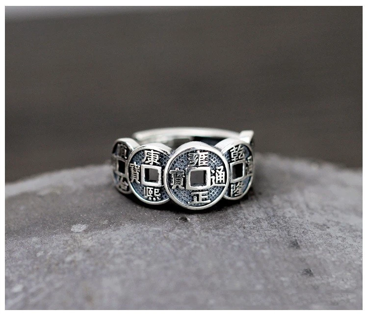 Fengshui Jewelry Adjustable Ring Retro Silver Color Adjustable Auspicious Five Emperor Coins Rings for Men