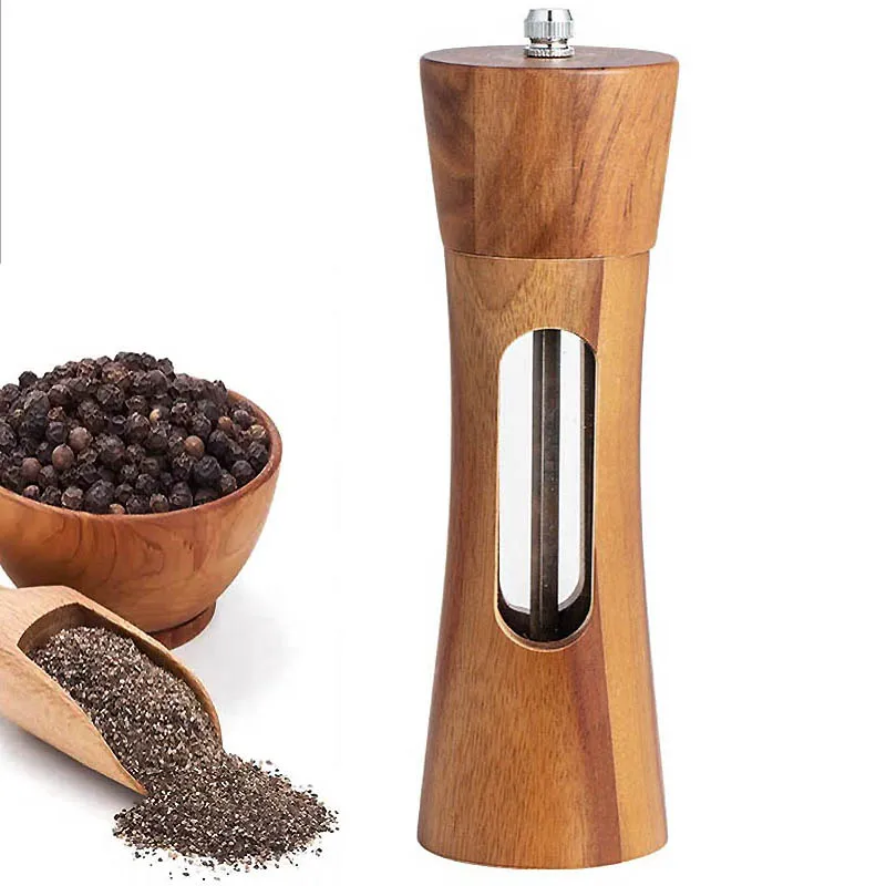 Adjustable Wooden Spice Herb Mill with Acrylic Visible Window Seasoning Grinding Manual Ceramic Salt Pepper Mills