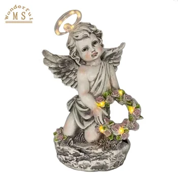 Resin Garden angel statue sympathy gift with sun LED light for memorial gift Tombstone Sculpture Solar Light