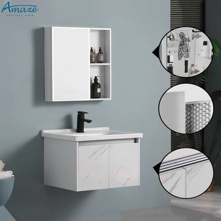 Bathroom aluminum-plastic honeycomb panel new design white wall-mounted vanity with mirror bathroom cabinet sink manufacture