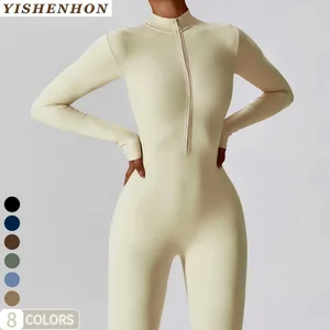 YISHENHON Custom Logo Women's Fashion Outfit Solid Nude V-Neck Casual Bodycon Yoga Jumpsuit with Long Sleeves for Summer