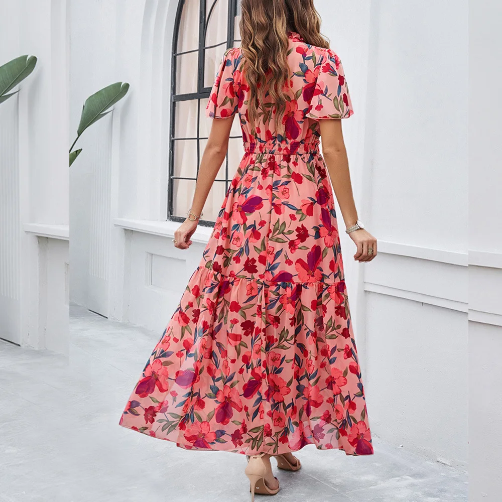 Custom Women Floral Maxi Dress V-Neck Short Sleeve Empire Waist Summer  Dress Chiffon Boho Flowy Smocked Long Dress Elegant