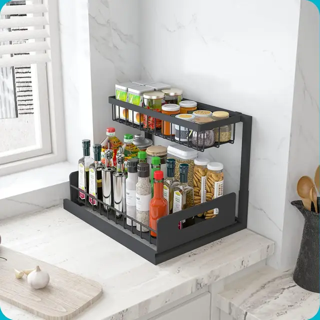 Kitchen Bathroom Under Sliding Cabinet Basket Organizer 2 Tier Under Sink Organizer with Hooks Hanging Cup and Chopstick holders