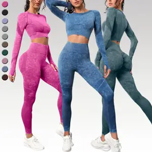 Women Seamless Leggings Wash Sports Set Long Sleeve Top Gym Fitness Sets High Waist Peach Hip Lift Leggings Solid Yoga Sets