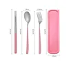 Set de Tres Piezas Rosa Plata (Cuchara + Tenedor + Palillos + Caja)