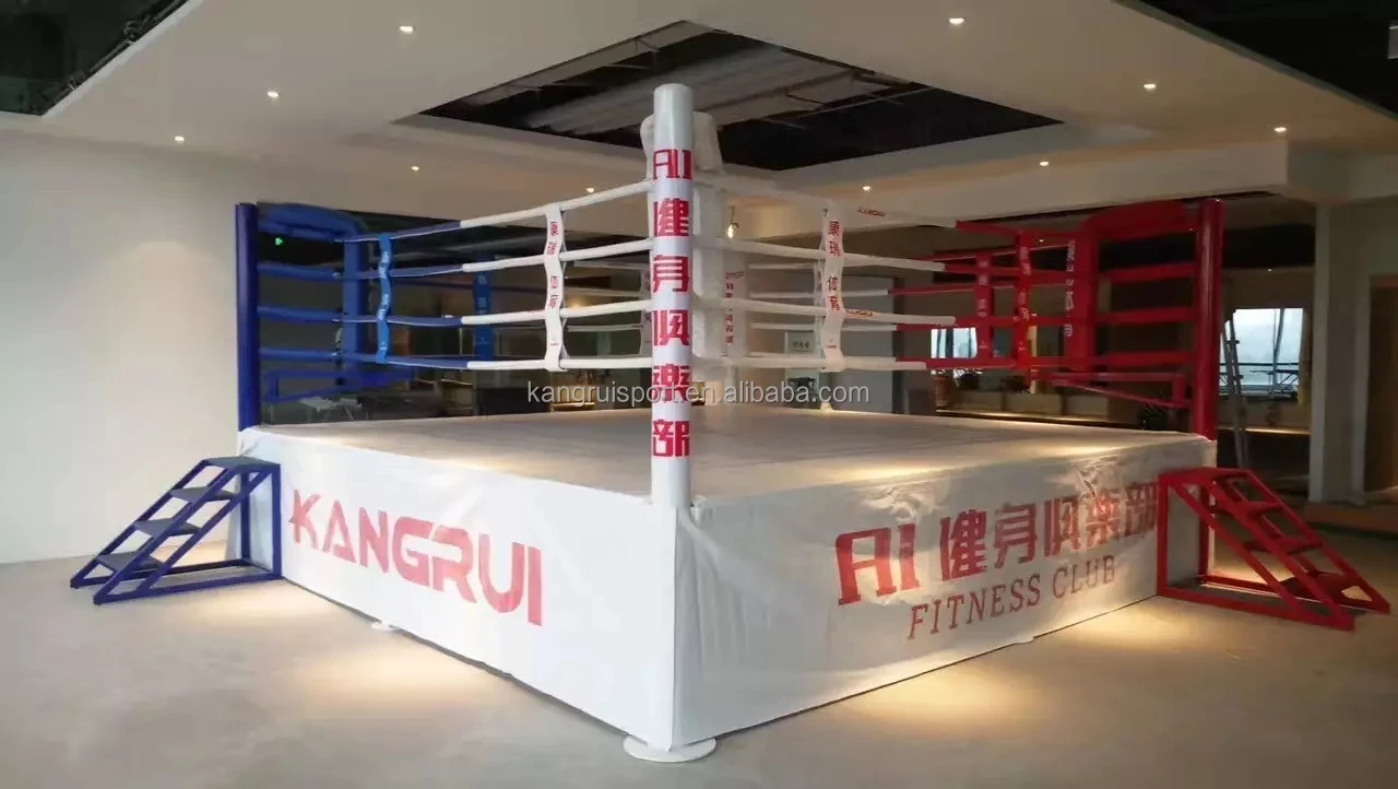 A pair of well used, dusty Muay Thai boxing gloves hanging against a grungy boxing  ring
