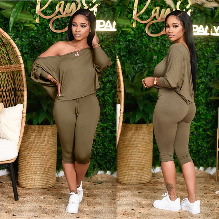 MOEN Off Shoulder kadin setleri Stretchy Fashion Two Piece Set Women Clothing Plus Size Woman 2pcs set