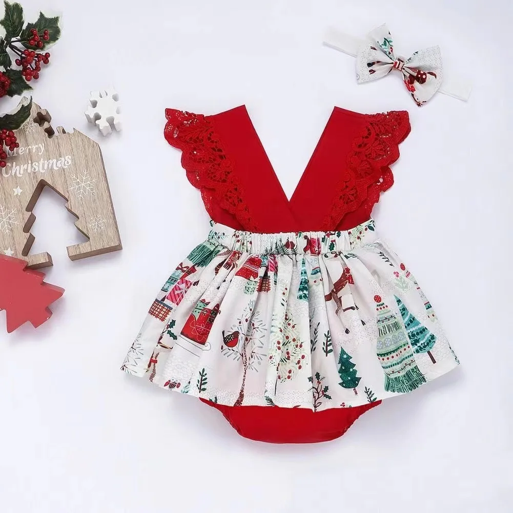 New Christmas Baby Ass Romper Skirt One-piece Headband Children