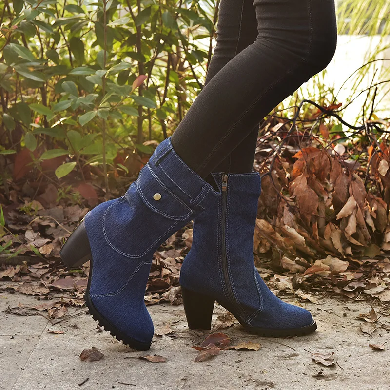 High Heel Jeans Boots Mid Calf 