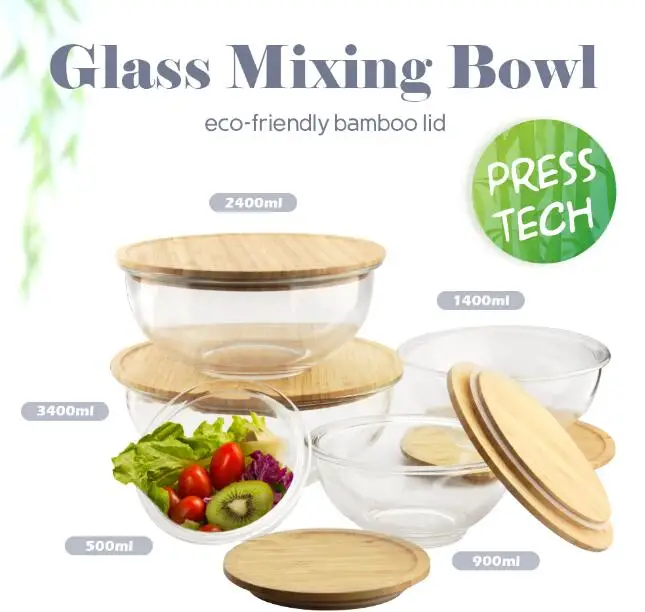 Round Glass Mixing Salad Bowls Microwave Oven Safe Glass Food Storage Bowl With Bamboo Lid Glass