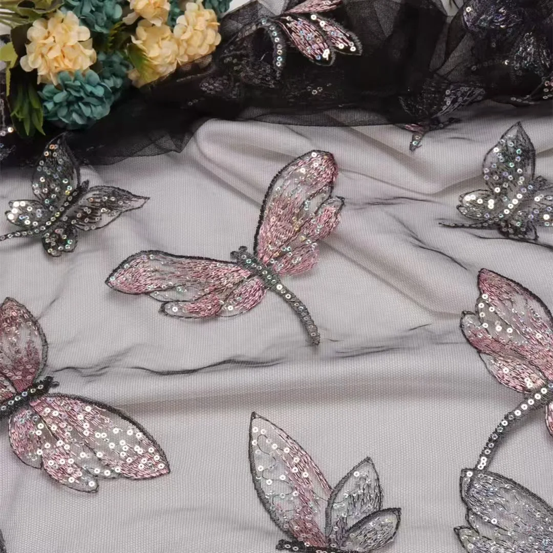Factory Custom Stock Lot Cheaper African Dragonfly Design   Mesh Embroidery Lace Fabric With Sequins for Dress