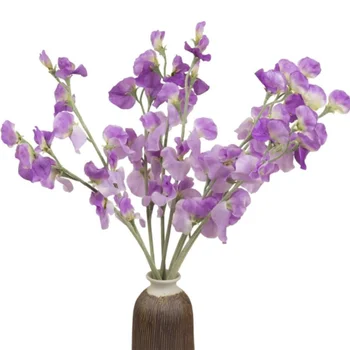 Artificial Sweet Pea Flower Bouquet Purple Long Stem Floral Arrangement for Home Table Wedding Party Office Vase Boho Decoration