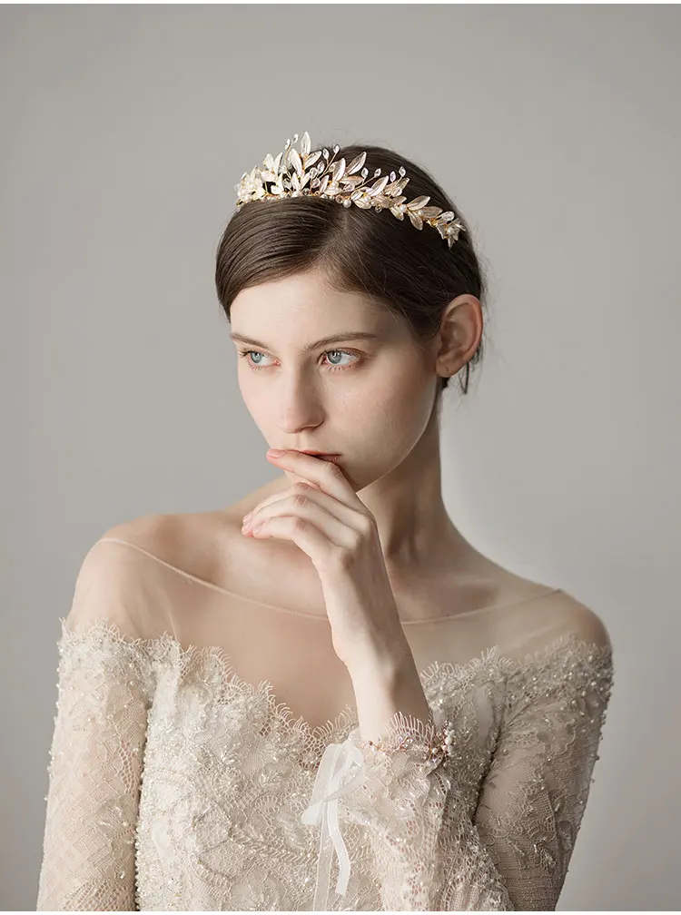 O398 Vintage Handmade Bridal Hair Hoop Alloy Leaves Crystal Pearl Bridesmaid Crown Women Gift