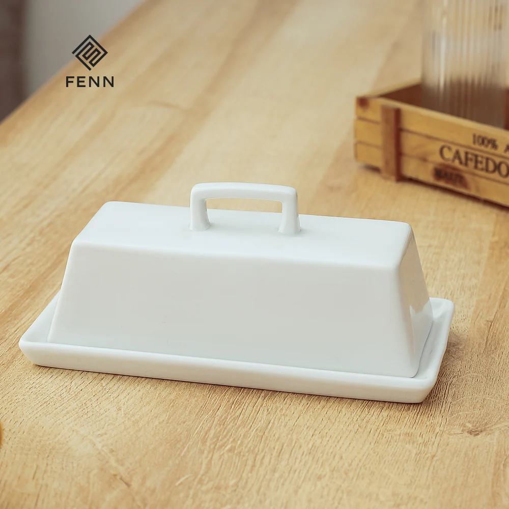 FENN Popular Modern Rectangle Shape White color Butter Sugar Flour Dish Container Custom Ceramic Butter Dish Modern With Lid