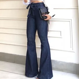 Navy Blue Flared Jeans Autumn High-Stretch With Waistband Bell Bottom Wide Legs Denim Pants Women's Denim Jeans & Clothing