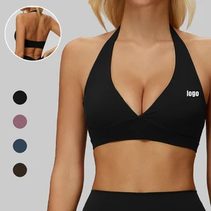 Wholesales Halter Brushed Shockproof Removable Pad Athletic Bra Beautiful Back Slimming Running Athletic Bra