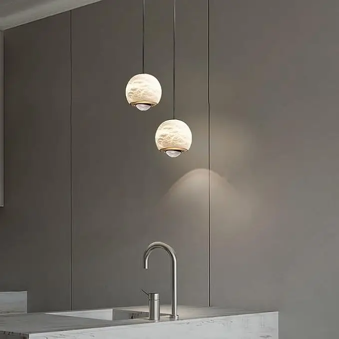 Natural Spanish Marble Copper Chandelier Minimalist Style Dimmable for Dining Room Bar Bedroom Bedside; Height Adjustable
