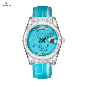 OEM/ODM Custom Pure Natural Turquoise Quartz Watch Luxury Full Diamond Stainless Steel Case Men's Watch with Gemstone Dial