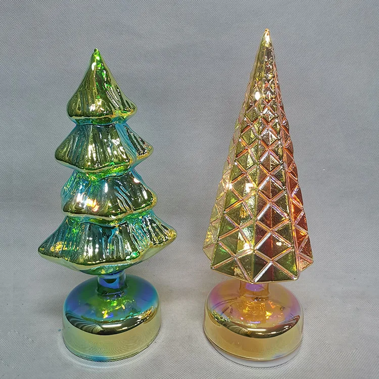 Vintage modern tabletop pre lit led lighted up mini green hand blown glass christmas tree decorative figurine set with lights manufacture