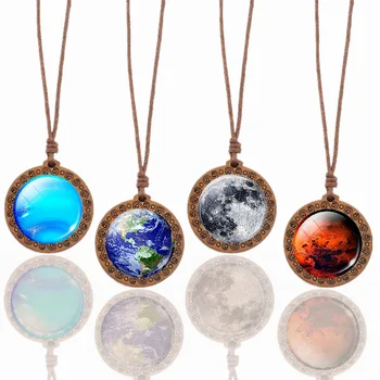 Solar System Planet Neptune Venus Moon Earth Jupiter Mars Saturn Uranus Mercury Sun Art Natural Wood Pendant Necklace