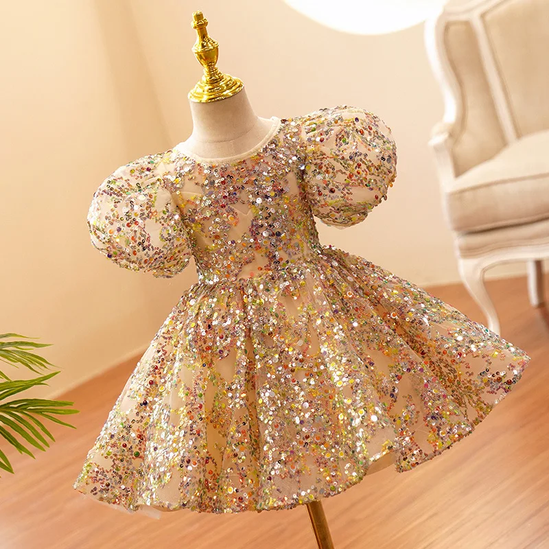 Shiny Children's Poncho Dress Little Girl Flower Child Wedding Bubble  Sleeve Princess Dress Sequins Baby's 12 Month Dress