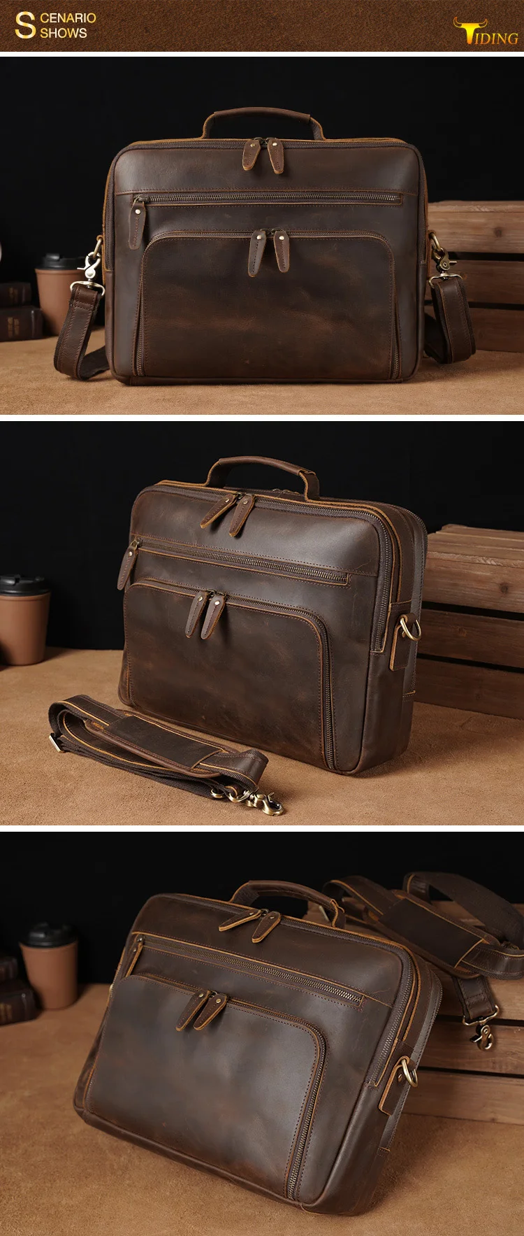 Tiding Dropshipping Men Crazy Horse Leather 15.6 Inch Laptop Bags ...