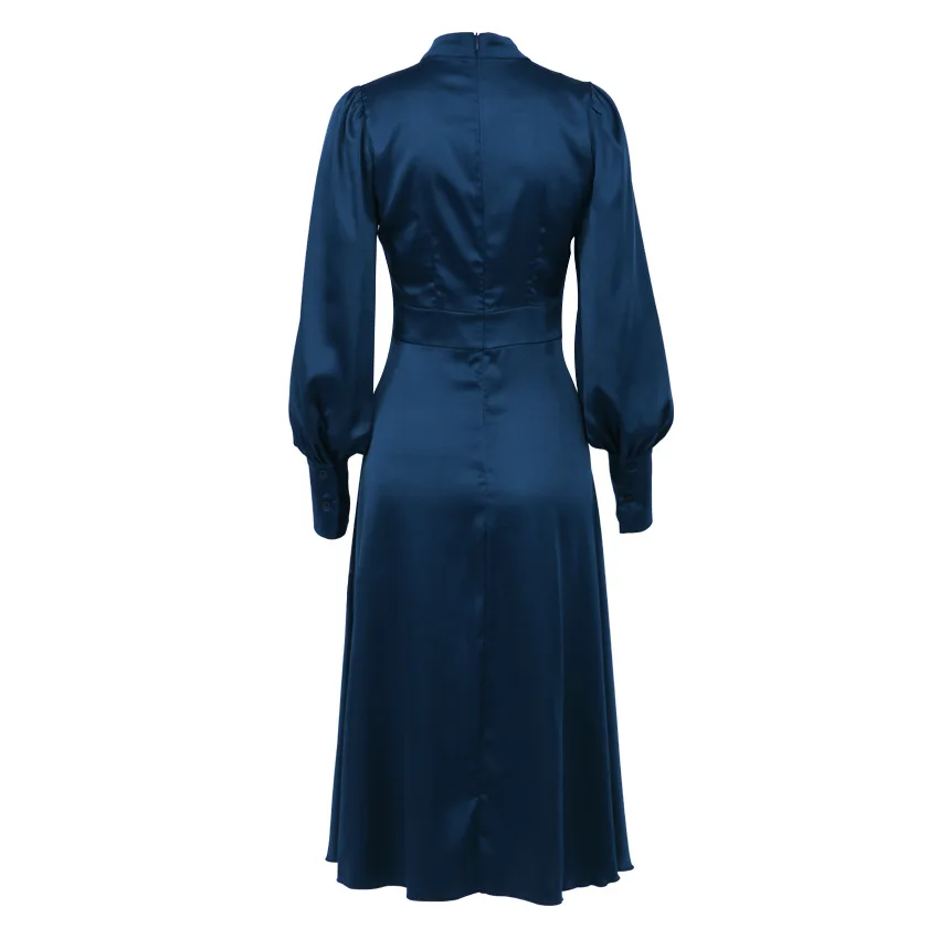Soft Material Long Sleeve Hollow Out Dress 2023 Women Elegant Navy Blue  Satin Evening Gown Dress