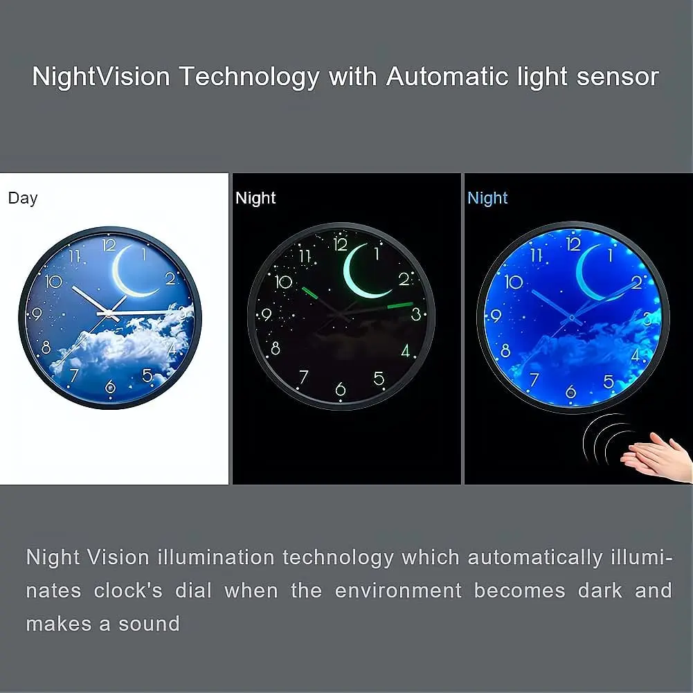 Modern Moon Glow in the Dark Clock - 12 Inch Silent LED