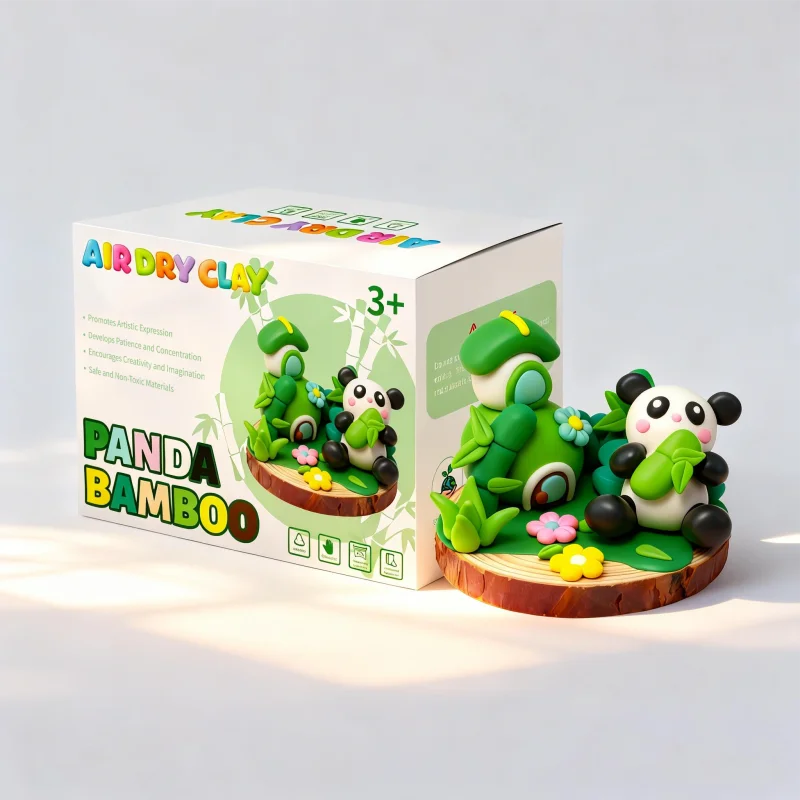 カスタムミニDIYパンダ・タケノコ型無毒プラスチリン空気乾燥クレイプレイドウクラフトキット――子ども安全設計のシーンモデリングおもちゃ（幼児向け）