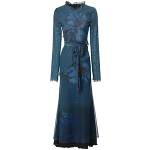 Factory Wholesale Fashion Luxury 2025 New Ramadan Print Lace-up Slim Long Women Dress Patchwork Elegant Blue Casual Dresses