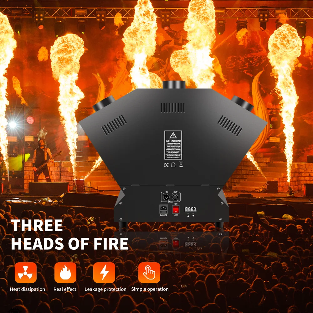 200W Three-Head Stage Flame Machine Electric DJ Band Show Effect Colorful DMX512 Fire Spraythrower