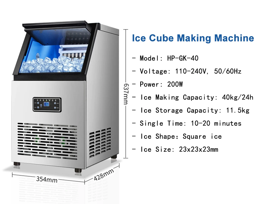 Ice Machines Stainless Steel 40kg Automatic Home Commercial Ice Cube