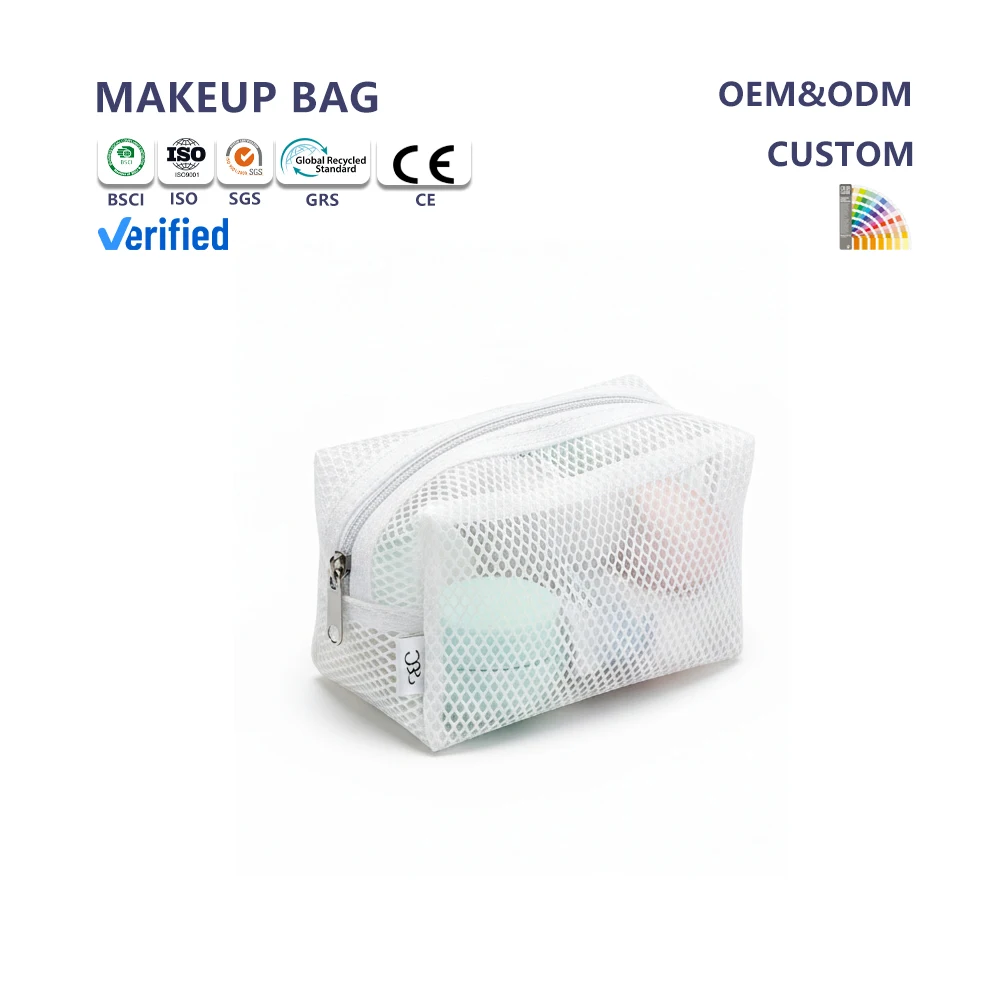 Factory OEM PVC Mesh Zipper Fashion Cosmetic Makeup Bag with Label Logo Custom