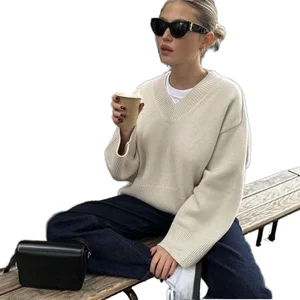 Women's V-Neck Casual Pullover Long Length Embroidered Knitwear Loose Fit Spring Fall Knit Sweaters