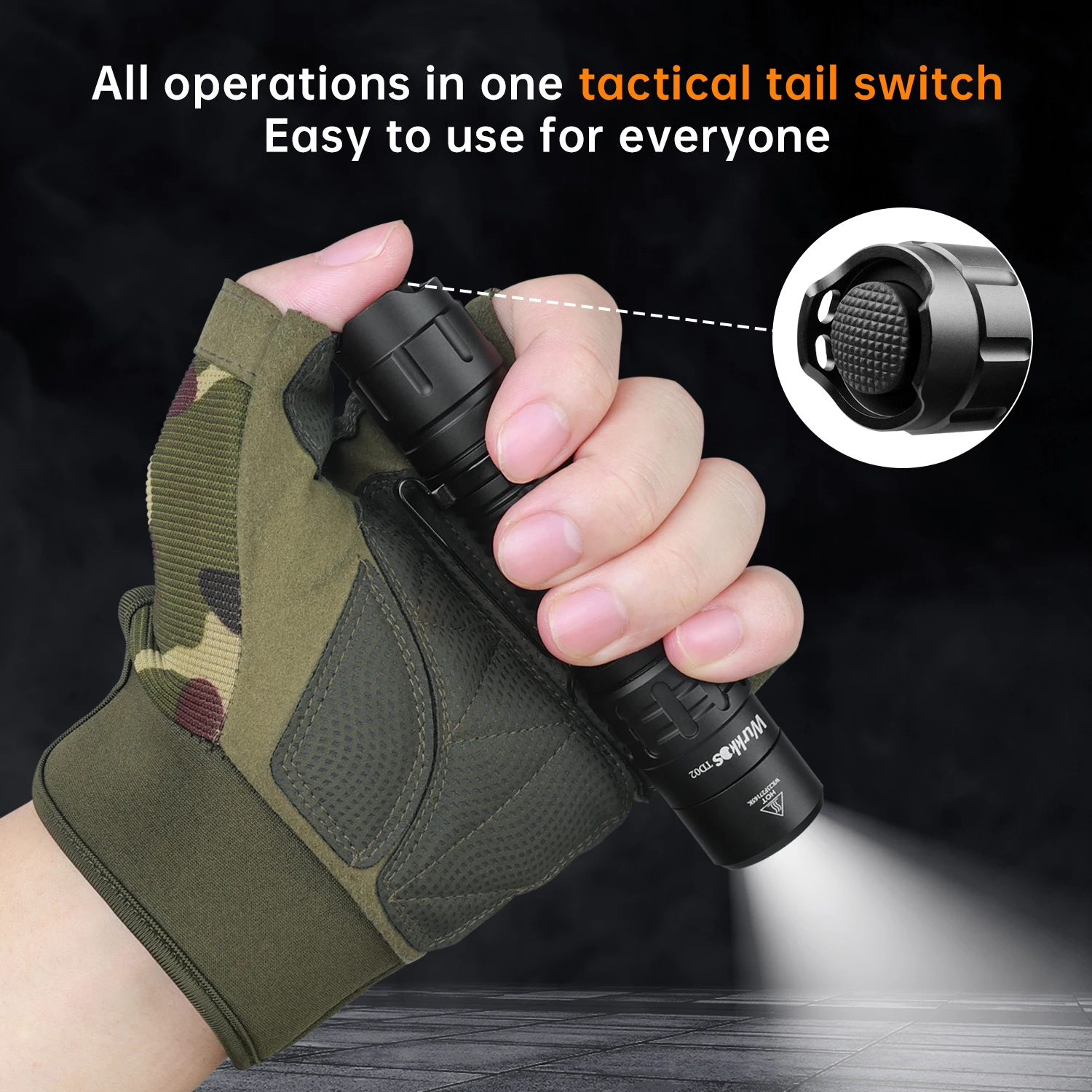 TD02  Powerful 2000LM 254M IP68 Waterproof Tactical Torch Tail Switch 18650 EDC Flashlight