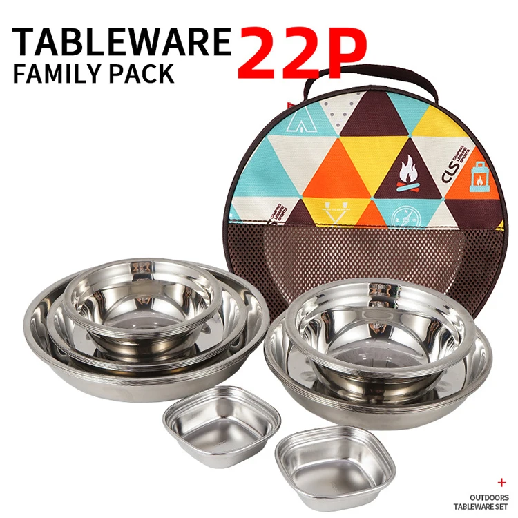 Amazon Top Seller 2023 Portable 22PCS Stainless Steel Bowl Dish Kit Outdoor Camping BBQ Dinnerware Set
