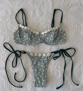 Designer 2026 Women's Green High-Leg Triangle Bikini Set Custom Logo Swimwear Lace Floral Print Striped Two-Piece Swimsuit