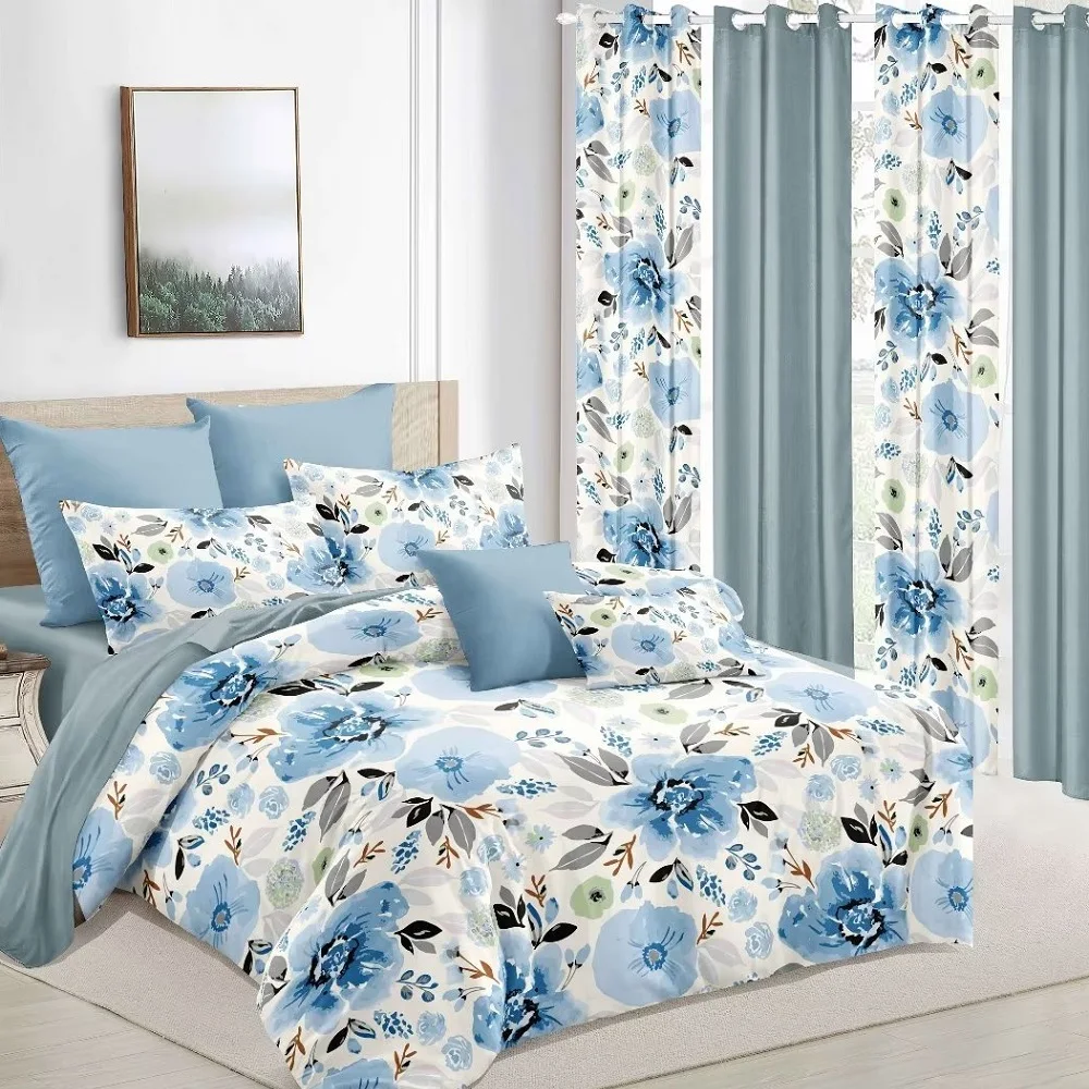 Wholesale Cheap Price 3d Digital Printed Bedroom Curtains Bed Sheets Bedding Set With Curtain