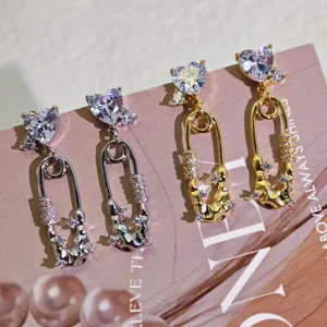 Ilona Accessoires Fashion Paper Clip 14k Gold Plted Heart Shape Zircon Copper Drop Earrings Trendy Stud Earrings Wholesale Gift