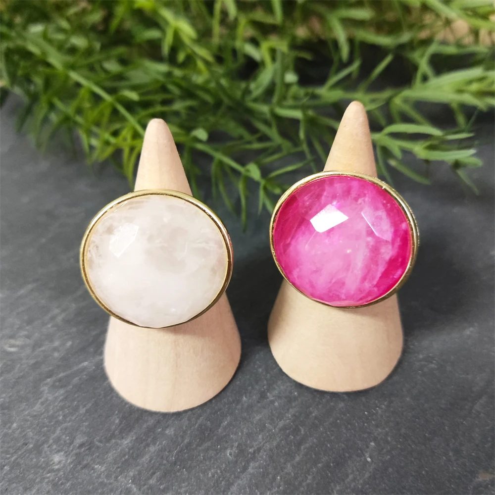 Latest Design Natural Gemstone Jewelry 18k Gold Plated Adjustable Single Stone Ring Big Round Rose Quartz Crystal Women Rings