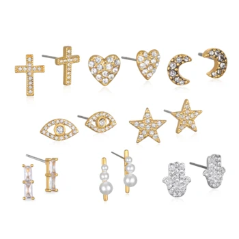 Silver Gold Plated Fashion Cz Stud Earrings Moon Star Cross Heart Studs Set Earrings For Women Stud