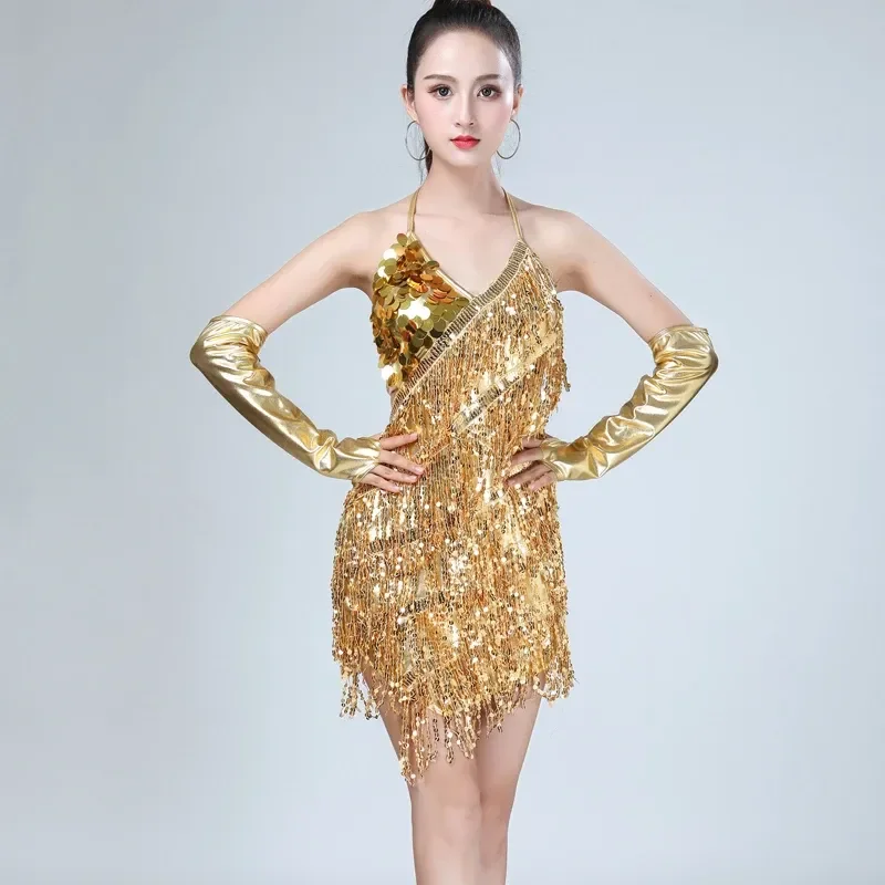 Shiny Metallic Sexy Women Sequin Fringe Dress Summer Rave Festival Outfit  V-Neck Backless Lace-up Mini Party Dress with Gloves| Alibaba.com