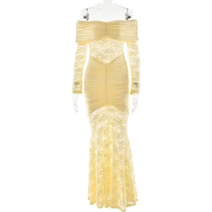 Women's Temperament Lace Patchwork One Shoulder Slit Long Sleeved Pleated Long Skirt Dress