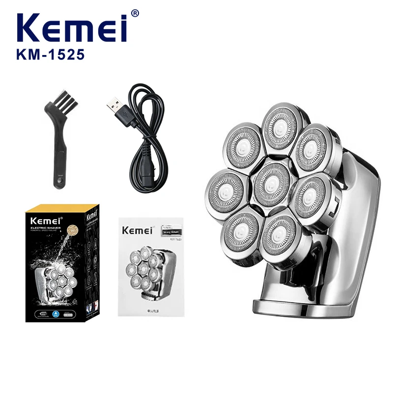 Kemei Km-1525 Rasoir électrique de haute qualité à 8 lames de rechange pour barbe, rasoir masculin de luxe, machine pour rasage total, fournisseur grossiste de rasoirs