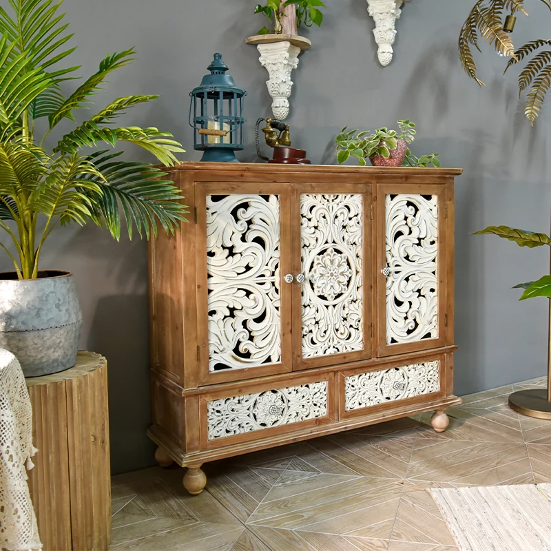 INNOVA Rustic White 3 Doors 2 Drawers Dinning Room Corner Sideboard Accent Wood Carved Storage Cabinets for Living Room
