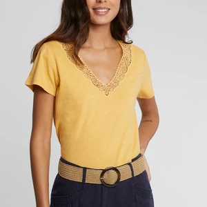 Ladies Embroidery v Neck  Cotton and Linen  Short Sleeve Top