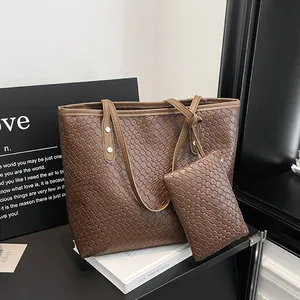 2pieces Set Korean Version Portable Tote Bag Knitted Pattern Large Capacity Women's Bag Retro Textured PU Leather Shoulder Bag