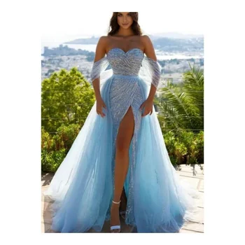 New Off Shoulder Sweetheart Beading Homecoming Prom Dresses Detachable Train Evening Gowns Plus Size With Slit For Girls